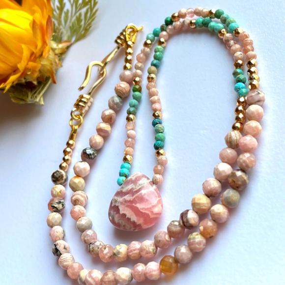 Genuine Rhodochrosite with Natural Turquoise Necklace 18K Plated Gold - Picture 7 of 10
